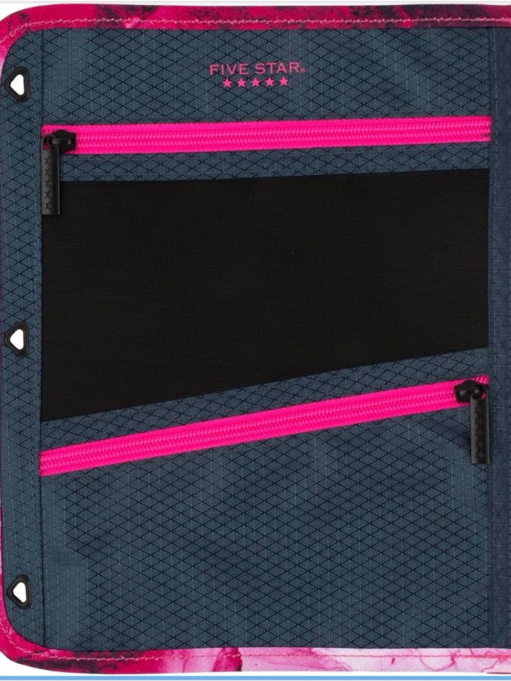 Five Star navy organizer panel with hot pink zippers
